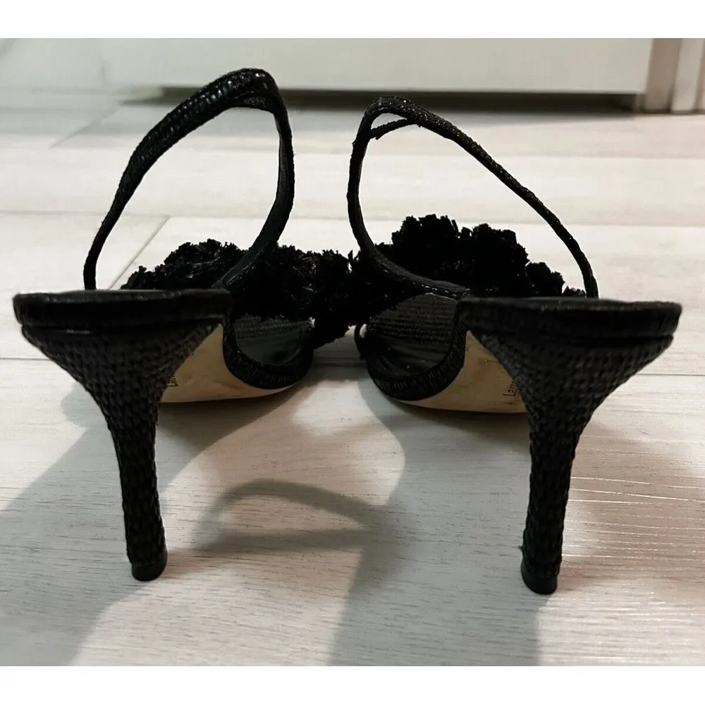 LARROUDE Marilyn Strappy Sandals Size 9.5 Black Raffia Leather‎ $330 Pom Poms
